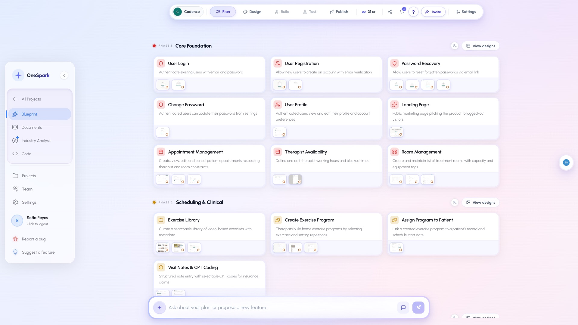 Cadence's plan board: phases of feature cards, each with a live design thumbnail, credits, and an AI chat to refine the plan