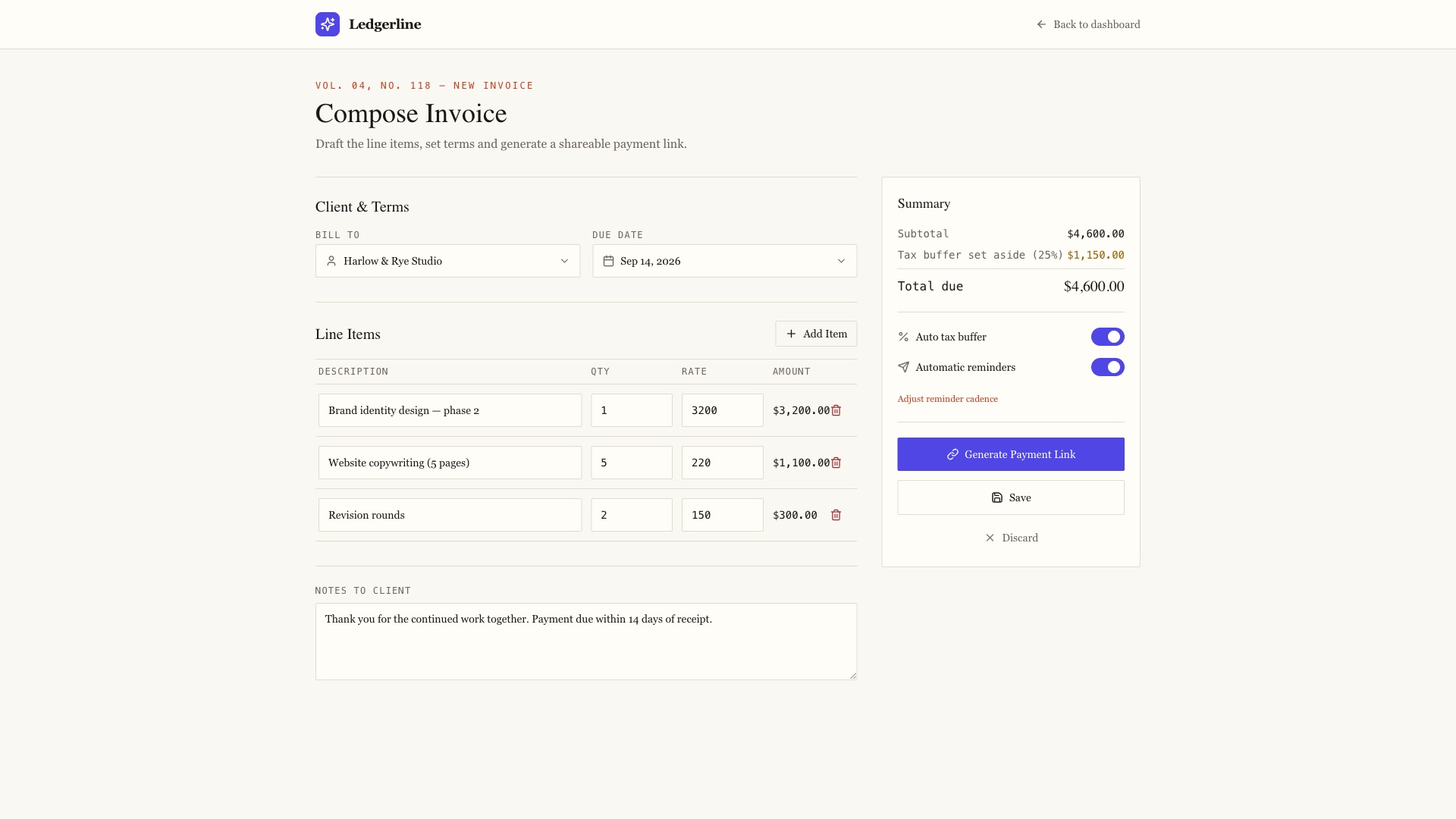 Ledgerline — an editorial-style invoice composer with an automatic tax buffer